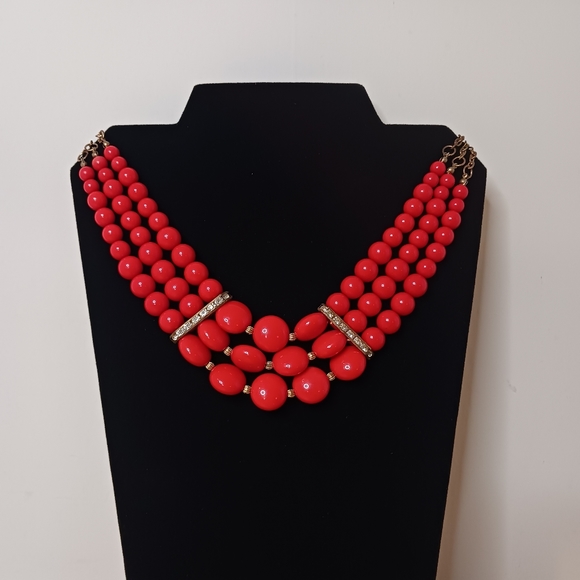 Red 3 Strand Beaded Layered Statement Necklace With Rhinestones 80s Vintage - Picture 1 of 9